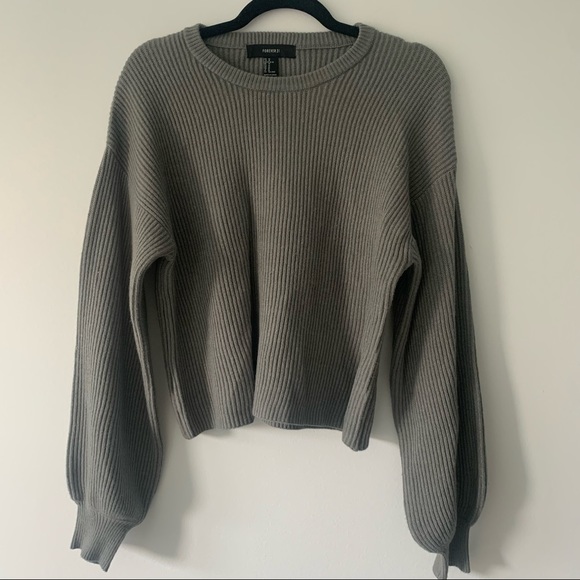 Forever 21 Sweaters - Gray Ribbed Thick Slightly Cropped Cowl Neck Sweater with Bell Sleeves